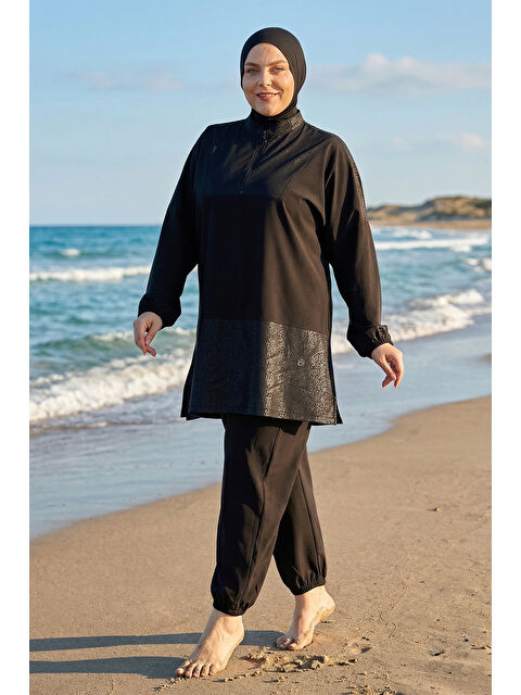 Haliç Mayo Büyük Beden Spor Elastan Tam Kapalı Tesettür Mayo 6292 Siyah