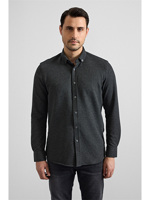 Süvari Antrasit Slim Düğmeli Yaka Manşetli Casual Gömlek