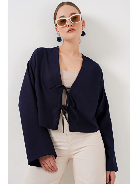 Bigdart Önü Bağlamalı Keten Kimono 960 - Lacivert - S000380181-21164
