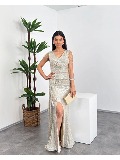 Mialora Kruvaze Yaka Omuz Boncuk Detaylı Püsküllü Maxi Kadın Elbise - S000518168-19928