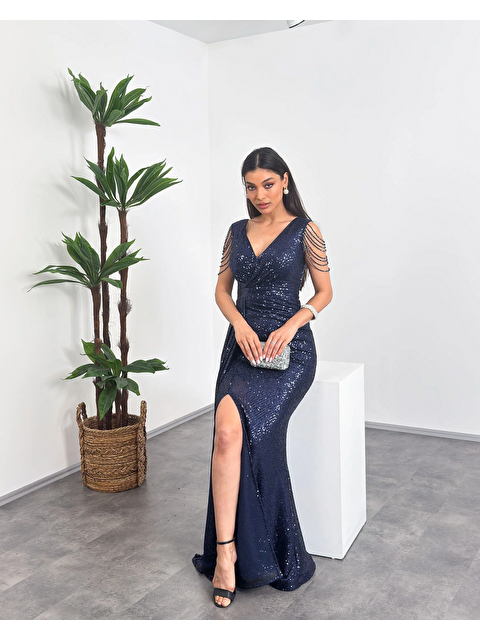 Mialora Kruvaze Yaka Omuz Boncuk Detaylı Püsküllü Maxi Kadın Elbise - S000518168-21164