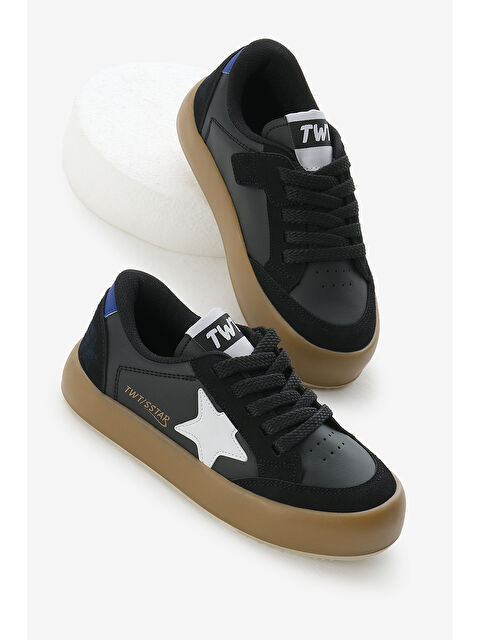 TONNY BLACK Çocuk Unisex Siyah Beyaz Termo Taban Yıldız Detaylı Bağcıklı ve Cırtlı Spor Ayakkabı - S000493826-37424