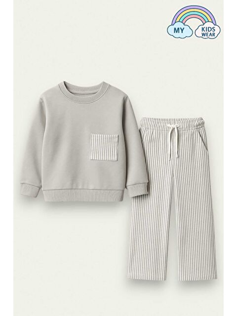 My Kids Wear Kız Çocuk Sweatshirt ve Pantolon Takımı – Gri Çizgili 2-10 Yaş 12019 - S000429230-20600