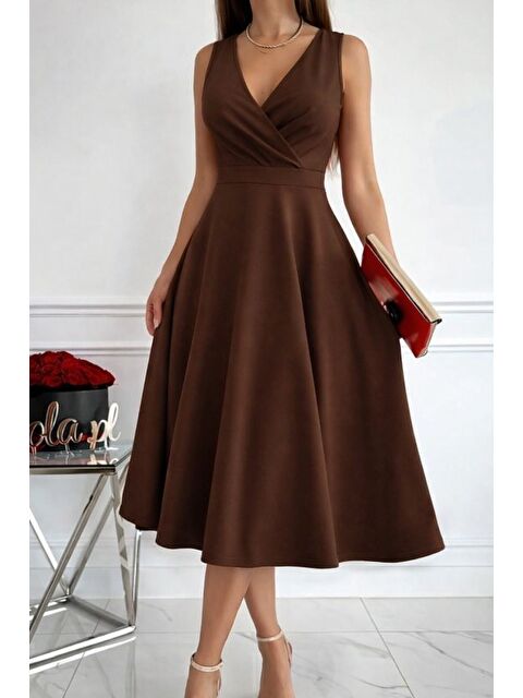 Jane's Kadın Ithal Krep Kumaş Kruvaze Yaka Eteği Kloş Kolsuz Mini Elbise