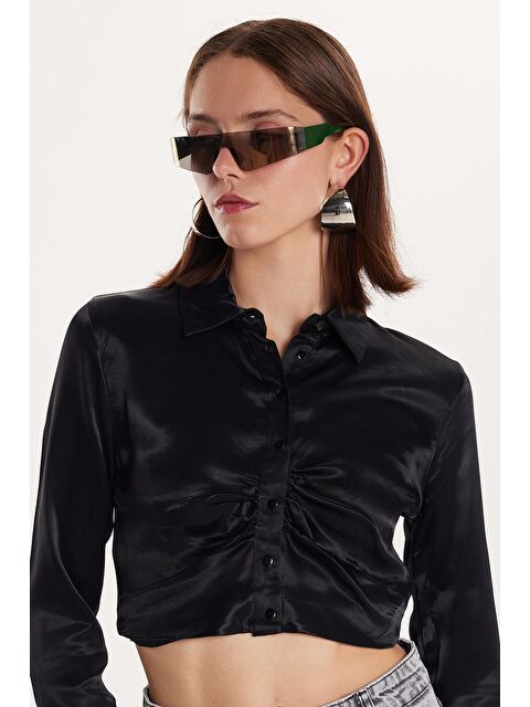 TUDORS Kadın Slim Fit Dar Kesim Uzun Kollu  Klasik Yaka Siyah Gömlek - S000521751-19351