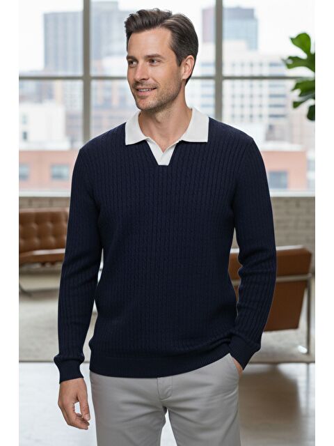 Mishar İtalia Erkek Polo Yaka Kendinden Desenli Triko Kazak - S000491477-21164