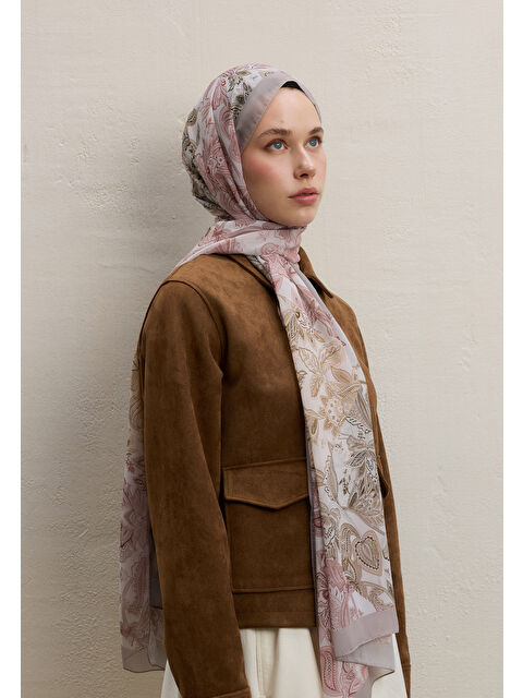 Fresh Scarfs Meva Desen İpek Krep Şal Vizon - S000420427-26429