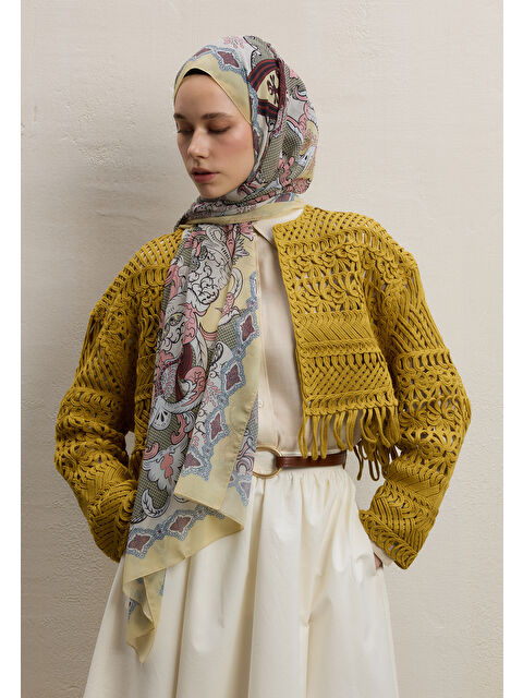 Fresh Scarfs Poppıes Desen İpek Krep Şal Tereyağı - S000420392-20072