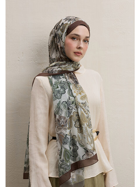 Fresh Scarfs Meva Desen İpek Krep Şal Kahve - S000420427-28102