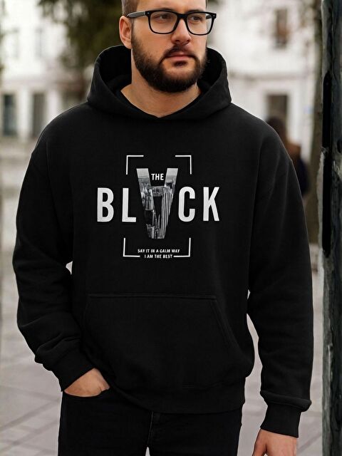Trendseninle Unisex Kadın Erkek Oversize Black Özel Tasarım Baskılı Kapüşonlu Siyah Sweatshirt - S000498374-22238