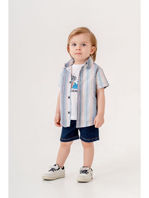 Chicsy Baby Tarz Gömlekli Çizgili Belden Ayarlanabilir Kısa Kollu Şortlu 3'lü Takım Bayramlık Düğünlük