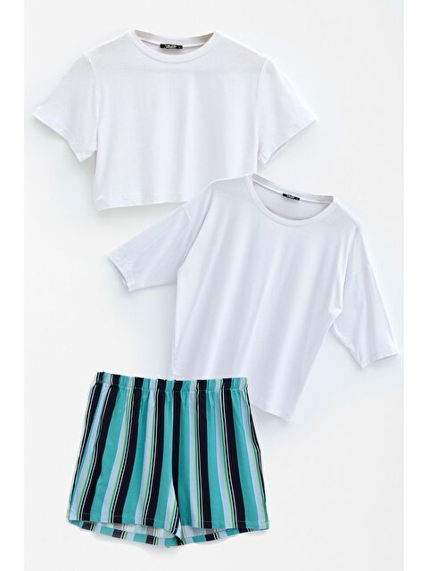 For You Moda 3'lü Crop Kısa  Kol ve Yarasa Kol Tshirt  Şort Takım - S000226345-20063