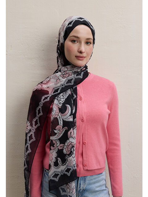 Fresh Scarfs Poppıes Desen İpek Krep Şal Siyah - S000420392-19351
