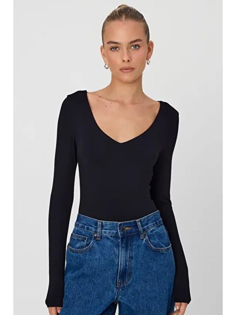 Madmext V Yaka Uzun Kol Esnek Kumaş Bodysuit Mg2132 - S000226344-19351
