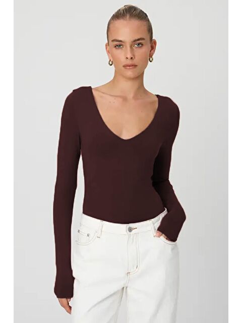 Madmext V Yaka Uzun Kol Esnek Kumaş Bodysuit Mg2132 - S000226344-19413
