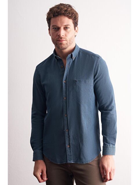 İMZA Lacivert - Yeşil Uzun Kol Düğmeli Yaka %100 Pamuk Slim Fit Gömlek 1004255199 - S000505508-37358