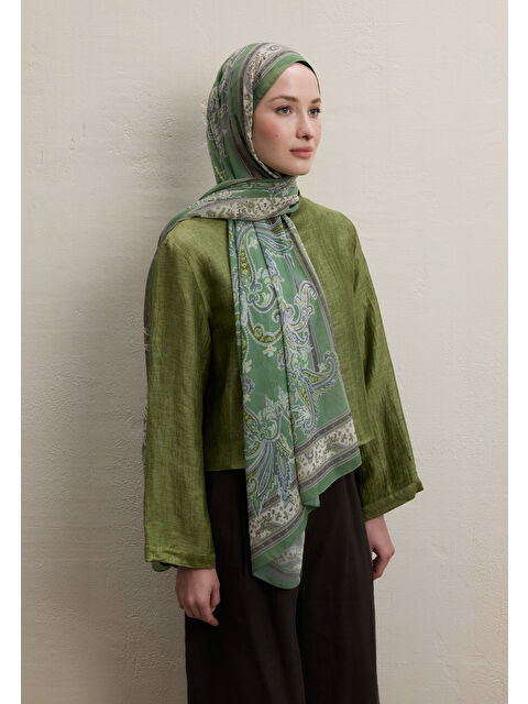 Fresh Scarfs Luna Desen İpek Krep Şal Haki - S000420490-18547