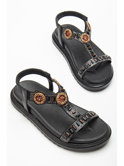 TONNY BLACK Kadın Siyah Arkası Lastikli Taş İşlemeli Sandalet - S000493911-19351