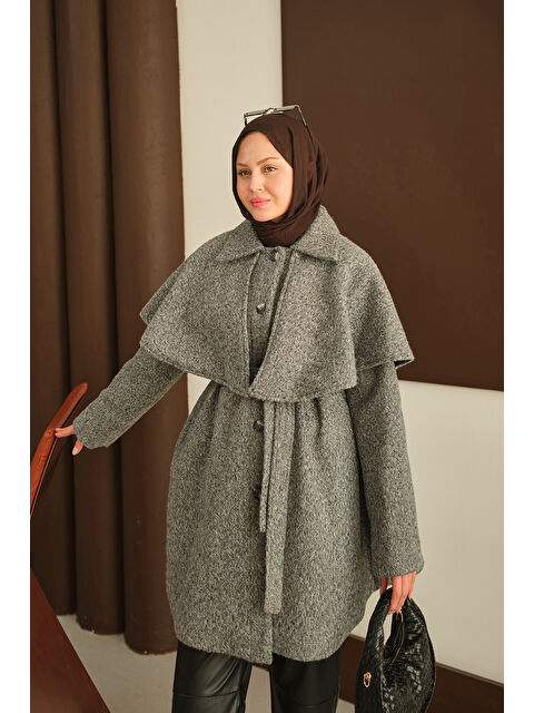 Locco Moda Kadın Omuz Pelerinli Pelüş Kaşe Kaban Gri - S000485164-20600