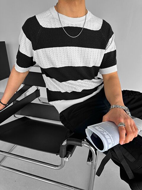 Abluka Online Oversize Çizgi Desenli Örme Triko Tişört Siyah - S000163495-19351
