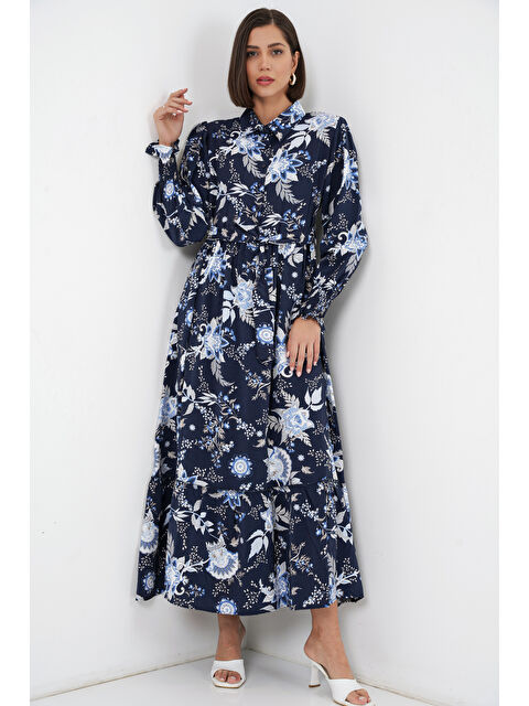 Bigdart Kadın Kuşaklı Tesettür Elbise 2589 - Lacivert - S000523136-21164