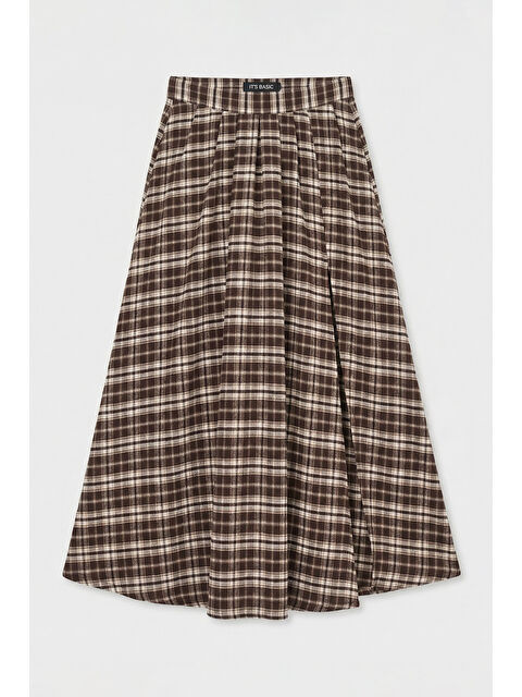 It's Basic Kadın Kahve Ekose s6-14 Maxi Boy Yırtmaç Detaylı Pamuk Pamuk Etek - S000523409-19413