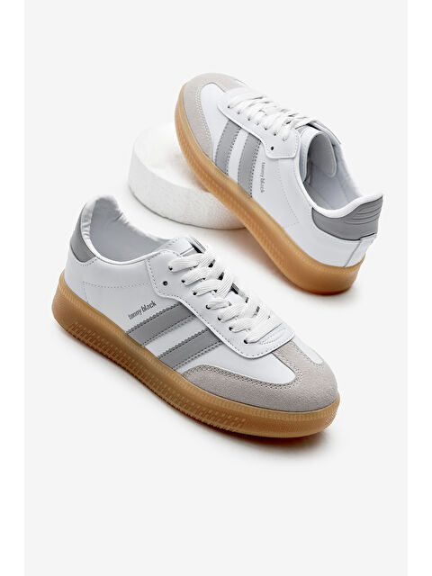 TONNY BLACK Unisex Beyaz Gri Kalın Termo Taban Yanı Şeritli Bağcıklı Spor Ayakkabı - S000493856-37227