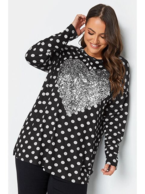 Stil Diva Büyük Beden Yırtmaç Detaylı Puantiyeli Payetli Uzun Kollu Bisiklet Yaka Bluz 302496 - S000485204-19351