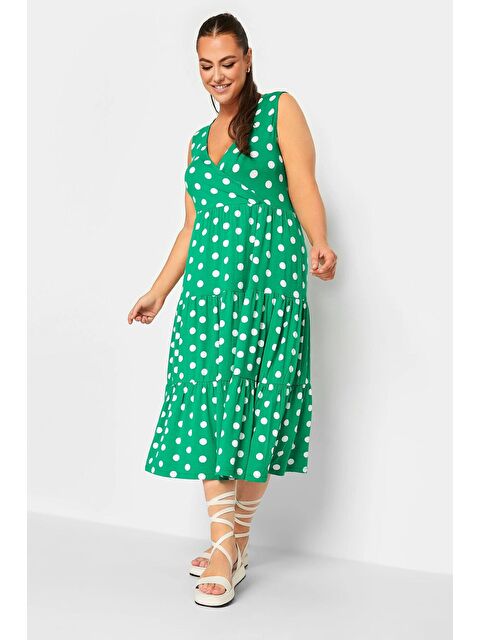 Stil Diva Büyük Beden Sıfır Kol Büyük Puantiyeli V Yaka Midi Boy Elbise 302354 - S000485168-18194
