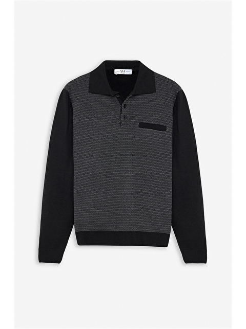 Süvari Siyah Regular Fermuarlı Polo Yaka Kazak