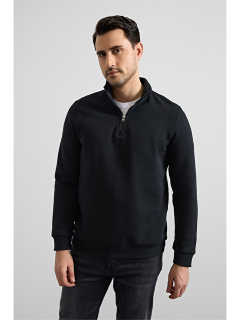 Süvari Siyah Regular Düz Yarım Balıkçı Yaka Sweatshirt