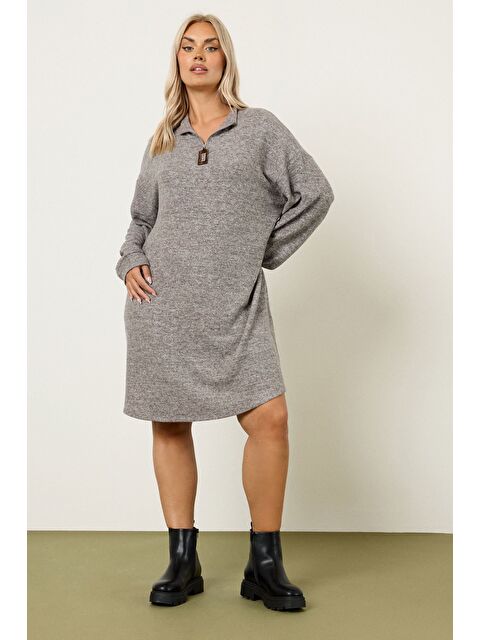 Stil Diva Büyük Beden V Yaka Uzun Kollu Pelüş Kumaş Midi Elbise 304280 - S000485174-20600