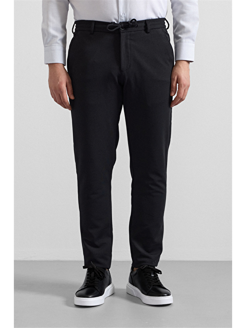 Süvari Siyah Slim Düz Gabardin Bağcıklı Su Geçirmez Jogger Pantolon