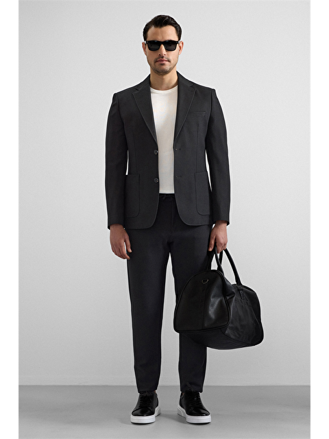 Süvari Siyah Slim Mono Yaka Düz Torba Cep 6 Drop Takım Elbise