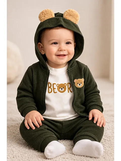 Mai Perla Ayıcık Kulaklı Waffle Kumaş Hırkalı 3’lü Bebek Takımı (6-24 Ay)