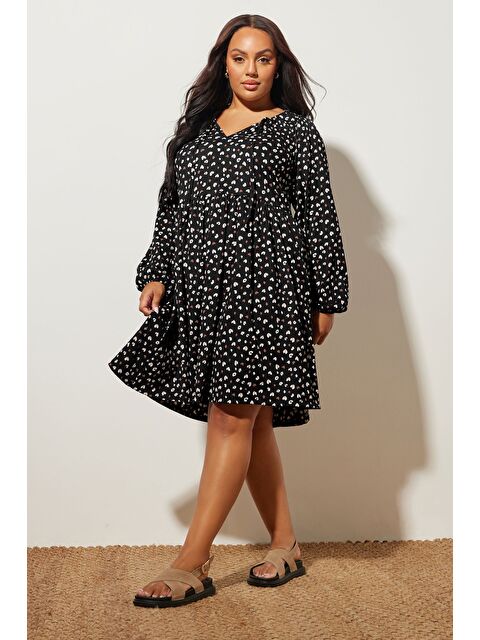 Stil Diva Büyük Beden V Yaka Uzun Kollu Bürümcük Kumaş Mini Elbise 303940 - S000485217-19351