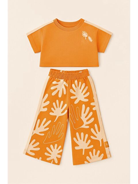 Magu Kız Çocuk Pamuklu Turuncu El Baskı Desenli Takım - Kısa Kollu Crop T-Shirt Ve Geniş Paça Pantolon - S000387780-20072