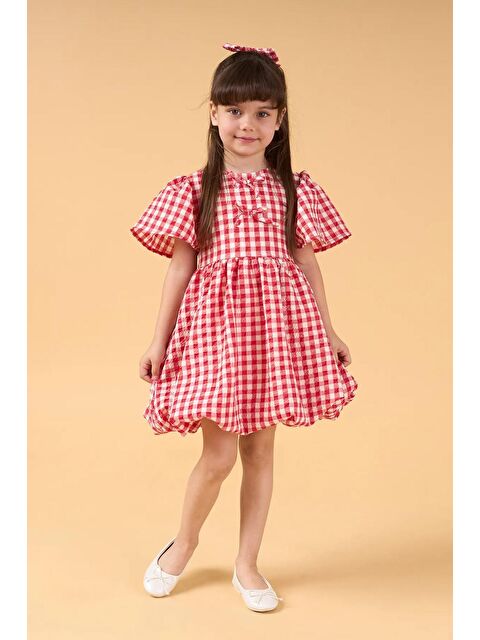 Magu Kız Çocuk Pamuklu Kırmızı Ekose Balon Etekli Elbise - S000387782-23173