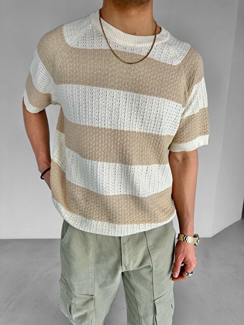 Abluka Online Oversize Çizgi Desenli Örme Triko Tişört Bej - S000163495-19928