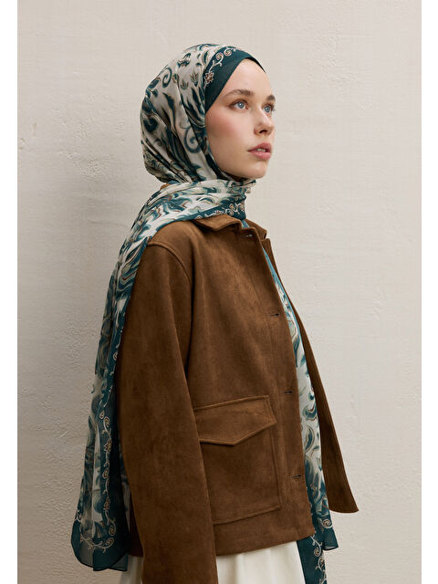 Fresh Scarfs Laura Desen İpek Krep Şal Koyu Yeşil - S000420434-19416