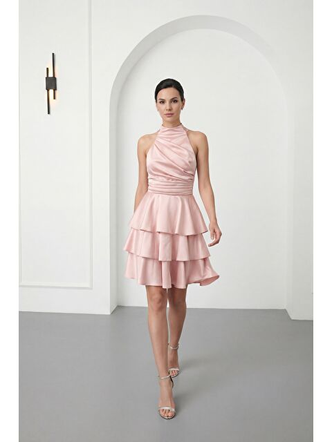 Lafaba Kadın Pudra Halter Yaka Saten Mini Mezuniyet Abiye Elbise - S000523412-7152
