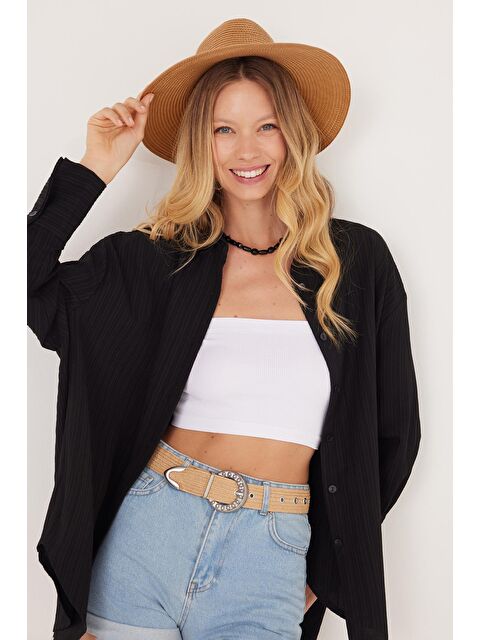 TUDORS Kadın Oversize Geniş Kesim Bürümcük Pens Detaylı Uzun Kollu Dokulu Siyah Gömlek - S000521762-19351