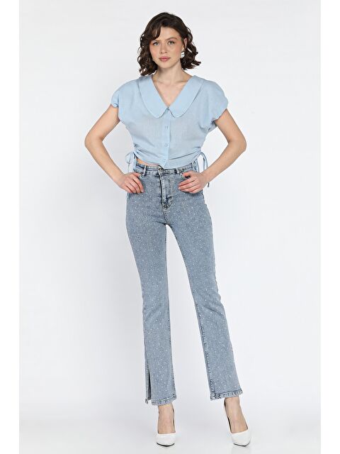 Gülseli Kadın Yüksek Bel Taş İşlemeli Yırtmaç Detaylı Jean Pantolon - S000379699-3642