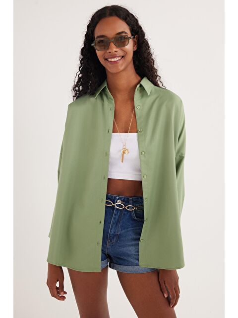 TUDORS Kadın Oversize Rahat Kesim Spor Yaka Uzun Kollu Basic Düz Mint Gömlek - S000521764-1180