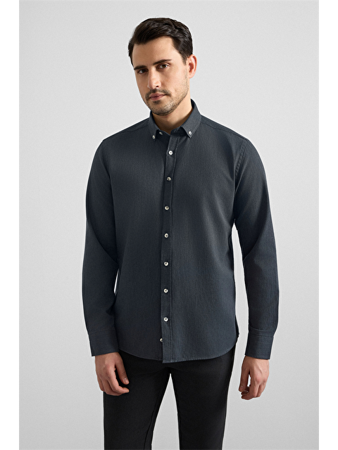 Süvari Antrasit Slim Düğmeli Yaka Düz Cepsiz Casual Gömlek