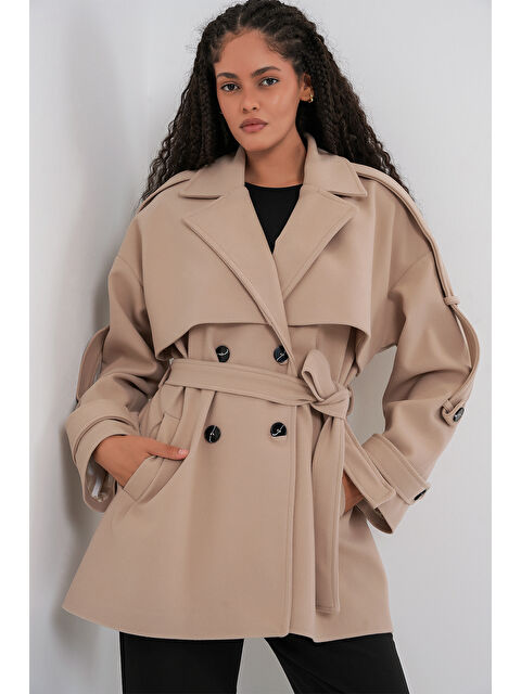 Bigdart Kadın Kuşaklı Oversize Kaşe Kaban 9157 - Bej - S000461145-19928