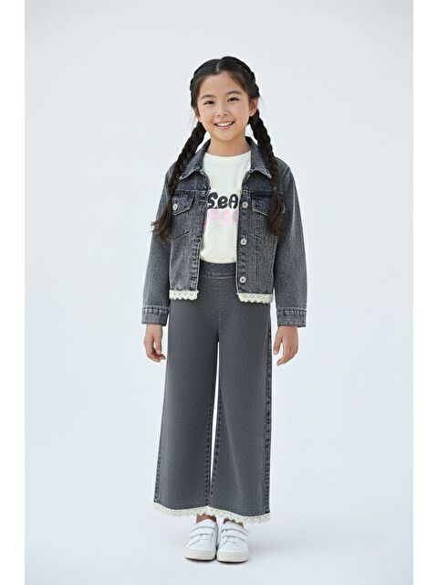 Cansın Mini Siyah Dantel Detaylı Jean Ceketli ve Pantolonlu Kız Çocuk 3lü Takım 23498 - S000495576-19351