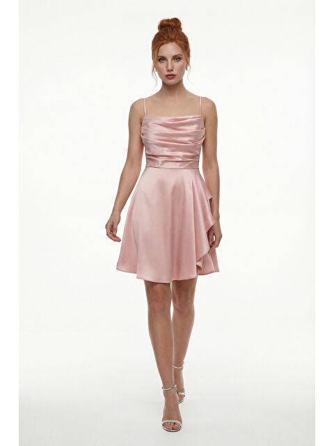 Lafaba Kadın Pudra Volanlı Yırtmaçlı Kısa Saten Abiye & Mezuniyet Elbisesi - S000362020-7152
