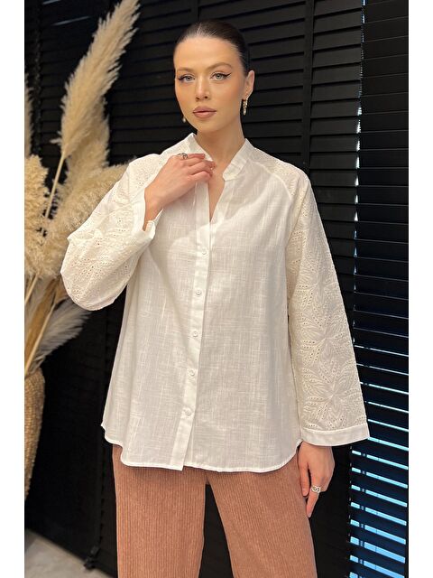 Gülseli Kadın Dantel İşlemeli Keten Gömlek - S000379701-19966