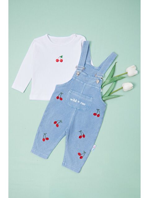 Fullamoda %100 Pamuk Kiraz Nakışlı Kız Çocuk 2 Li Salopet Takım - S000447660-20063